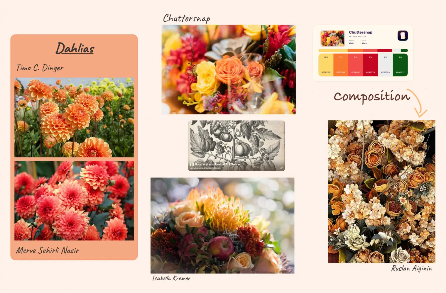 An ArtDeck board of dahlia and bouquet references with photographer credits, a note on composition, and an extracted palette