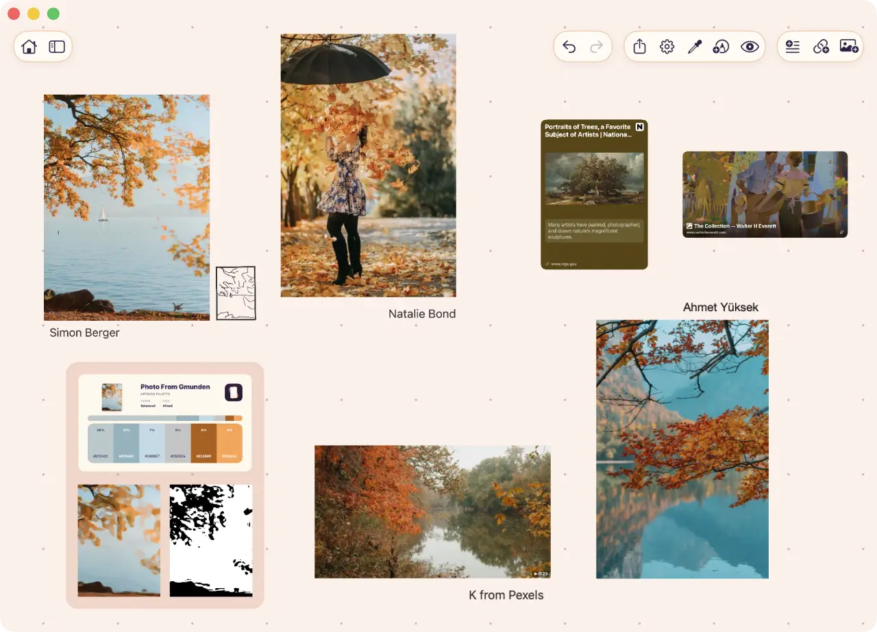An ArtDeck board combining photos, a video, rich link cards, labels, a palette card, and an extracted value study