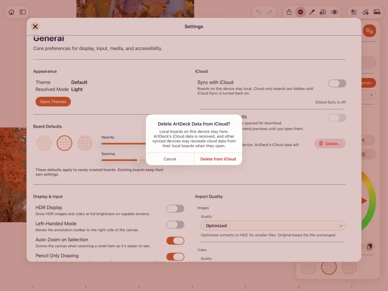 ArtDeck settings with Sync with iCloud switched off behind a confirmation dialog headed Delete ArtDeck Data from iCloud