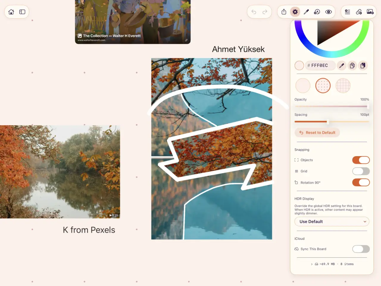 An ArtDeck board on iPad holding a link card, a video, and an annotated photograph, with Board Settings open and the Sync This Board switch turned off