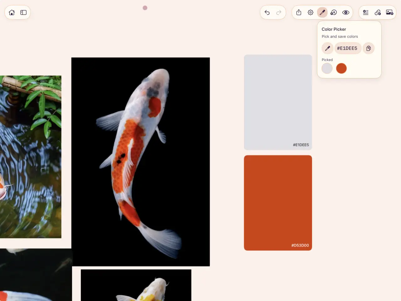 ArtDeck on iPad showing a koi reference, the Color Picker panel with two recent colors, and two large labeled color swatches on the board