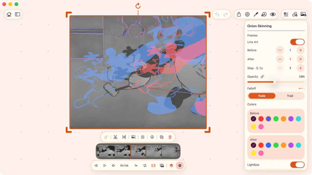 ArtDeck motion study showing an animated GIF frame, visual filmstrip, frame controls, and onion-skin overlays