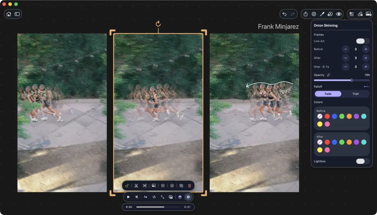 ArtDeck in its dark theme showing a live-action running video with onion skinning set to three frames before and after, both color assignments turned off so the ghosted neighbors keep the original footage, and a hand-drawn arc over a copy kept beside it