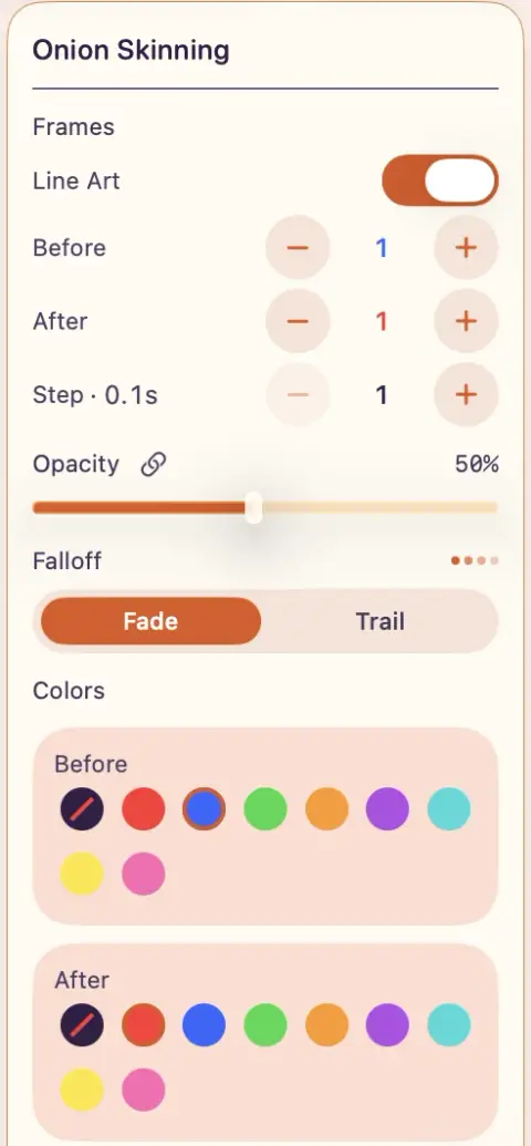 The Onion Skinning panel in ArtDeck, with a Line Art toggle, Before and After frame counts, a Step value in tenths of a second, an opacity slider, a Fade or Trail falloff choice, and a color swatch row for each side