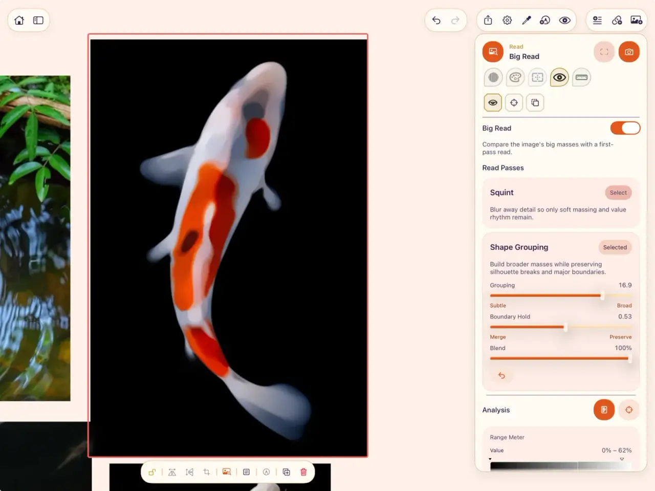 ArtDeck's Read lens showing a koi photograph reduced to grouped color masses, with the Squint and Shape Grouping controls open in the panel