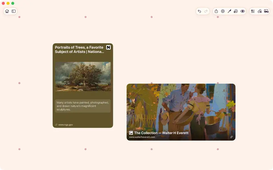 ArtDeck board showing two rich link cards with distinct layouts, images, descriptions, colors, and visible source domains