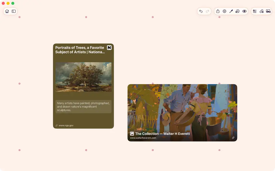 ArtDeck board showing two rich link cards with distinct layouts, images, descriptions, colors, and visible source domains