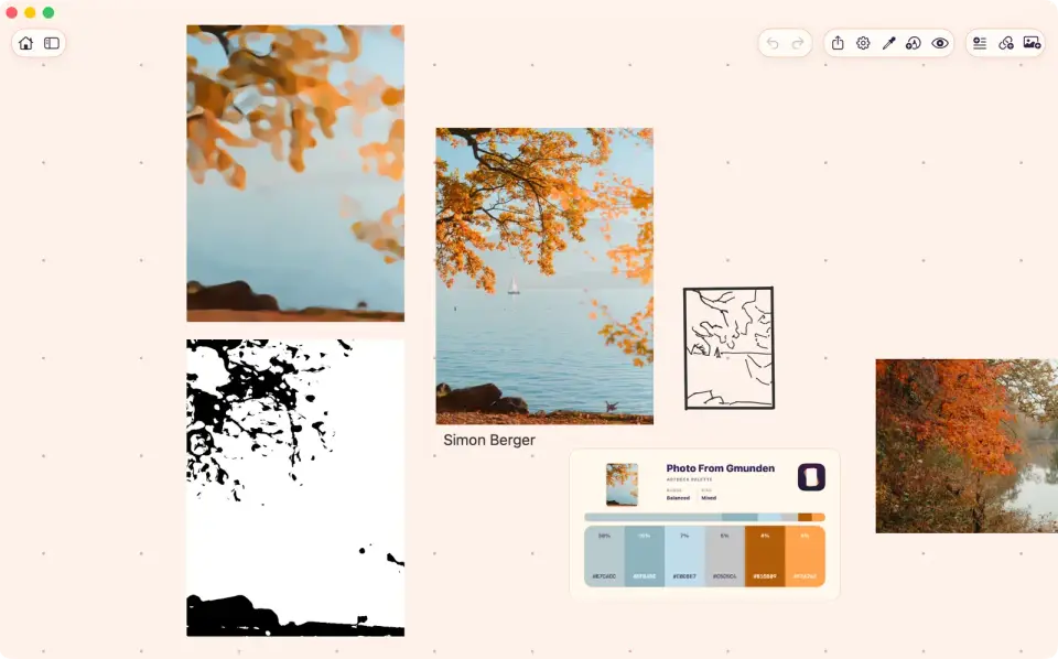 ArtDeck board showing a source photo next to a value study, palette card, line study, and related reference images