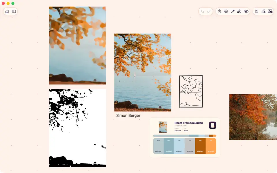 ArtDeck board showing a source photo beside a value study, palette card, line study, and related reference images
