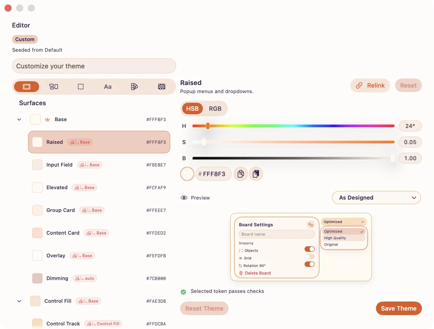 ArtDeck theme editor showing the selected Raised surface token, HSB sliders, palette values, reset and save controls, and a preview of board settings.