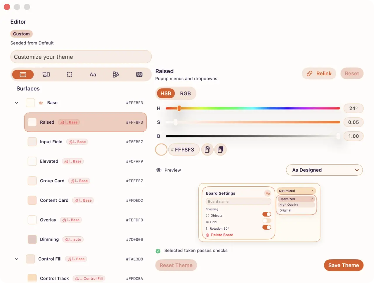 ArtDeck theme editor showing palette controls next to a live preview of a reference board