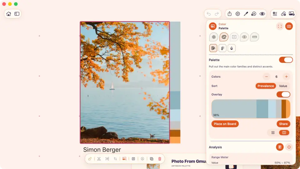 ArtDeck Color lens showing an extracted six-color palette next to the source photograph and its palette controls