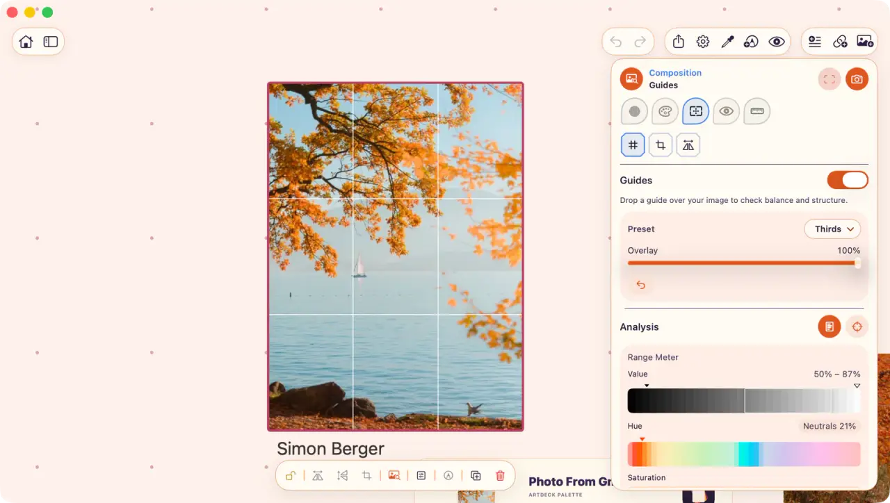 ArtDeck ToolBox displaying composition guides over a saved landscape reference