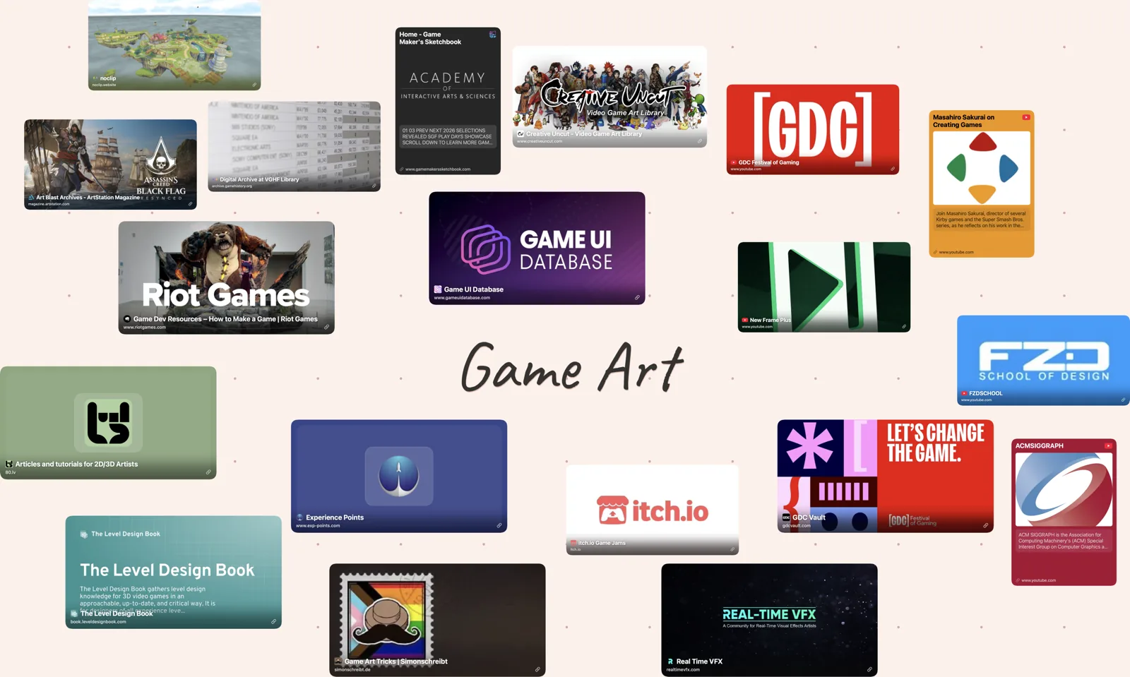 The Game Art board in ArtDeck: nineteen link cards with site previews, arranged around a handwritten title, covering game-art archives, GDC talks, UI references, and artist channels.