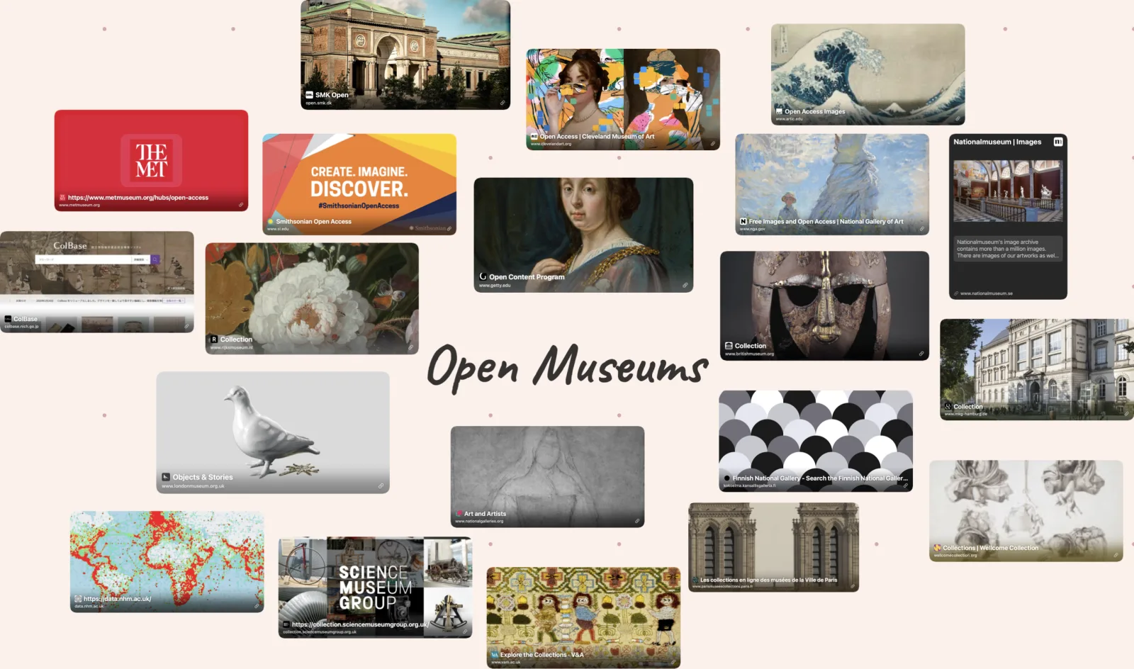 The Open Museums board in ArtDeck: twenty link cards with site previews, arranged around a handwritten title, covering open-access programs, British and Nordic collections, and science and natural-history archives.