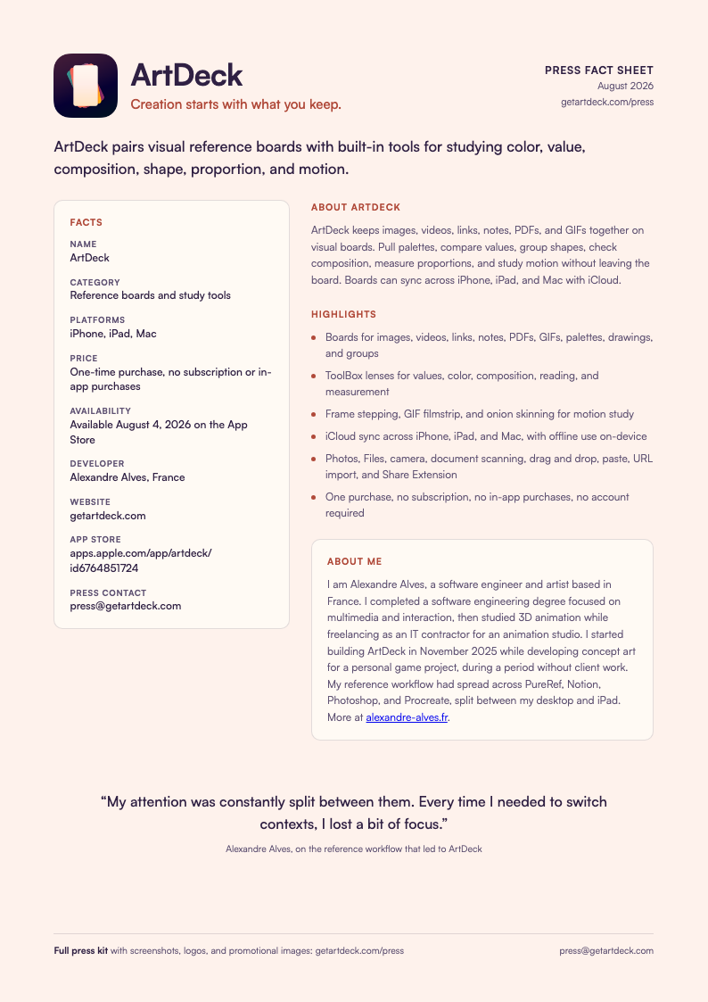 First page of the ArtDeck press fact sheet PDF.