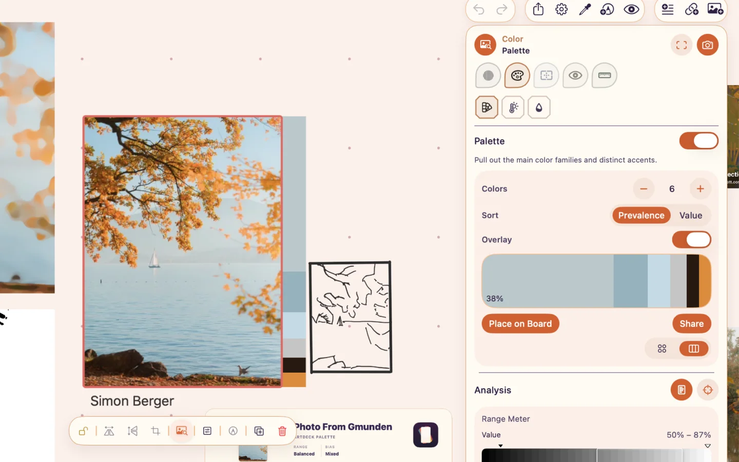 ArtDeck extracting a six-color palette from a selected lake photograph.