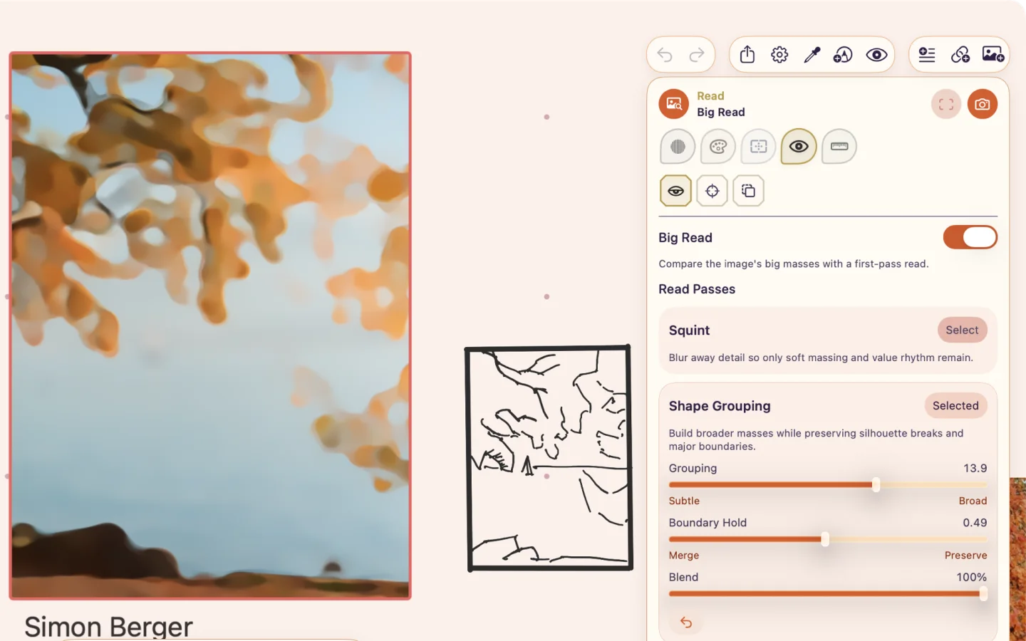 ArtDeck simplifying a selected photograph into broad color and value shapes.