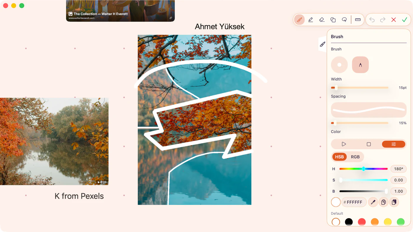 ArtDeck in annotation mode with white marks over a board and the Brush panel open for width, spacing, and color controls.