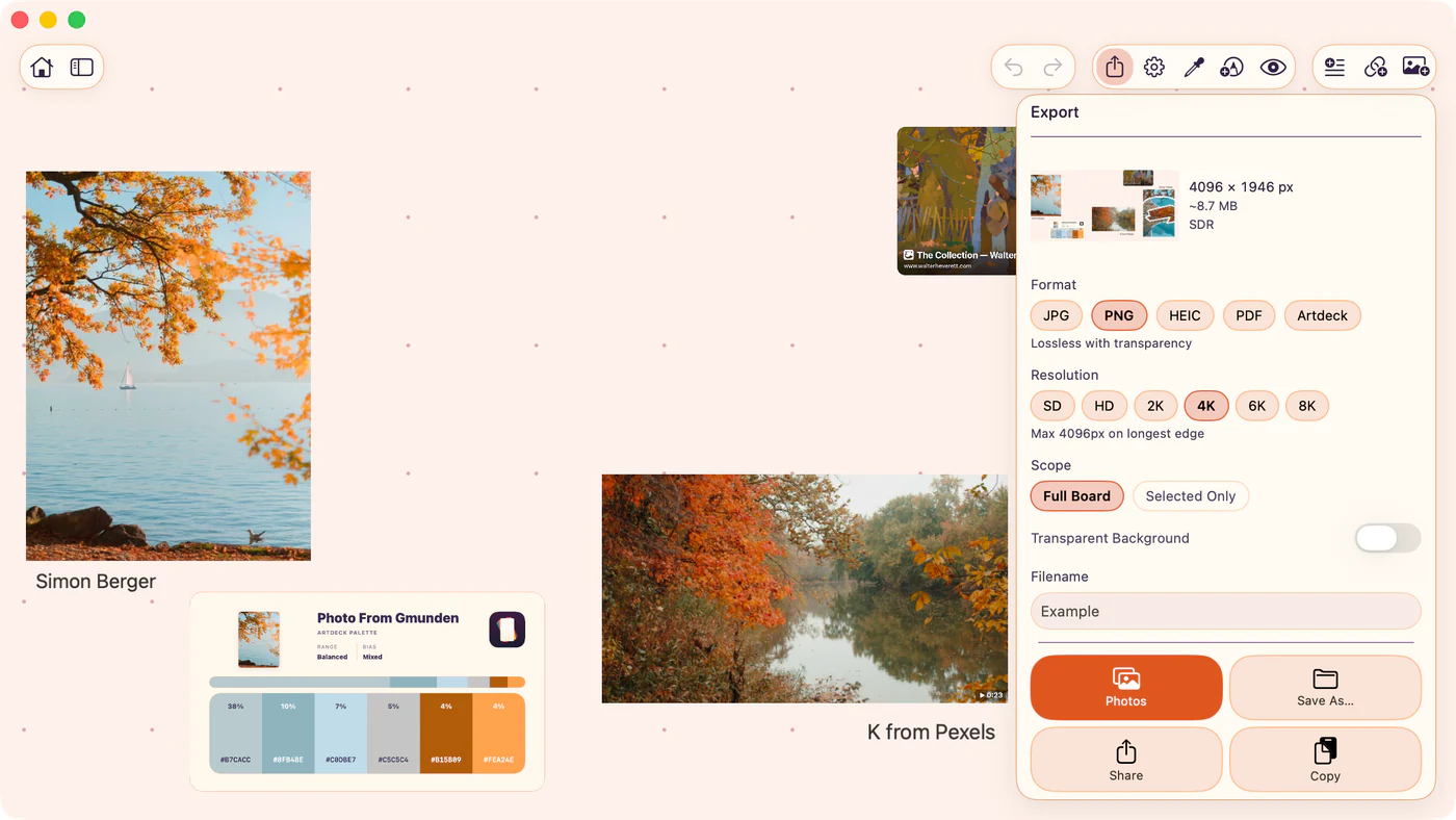 ArtDeck board with the Export panel open for choosing format, resolution, scope, filename, and destination.
