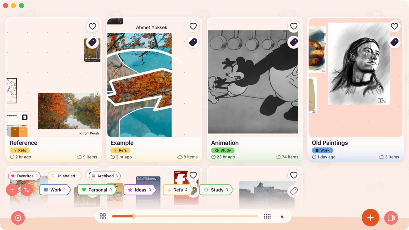 ArtDeck Gallery in grid view showing labeled board cards, favorites, filters, and item counts.