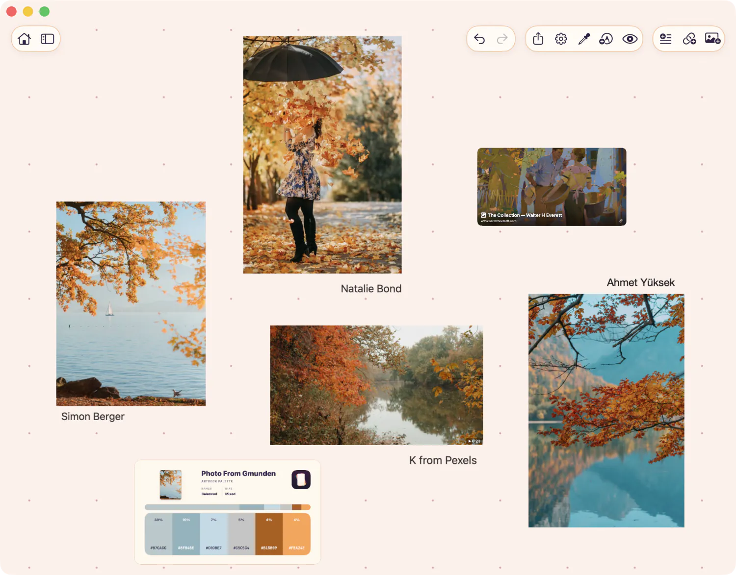 An ArtDeck board arranging image references, a video, a link card, and a palette card on an ArtDeck canvas.