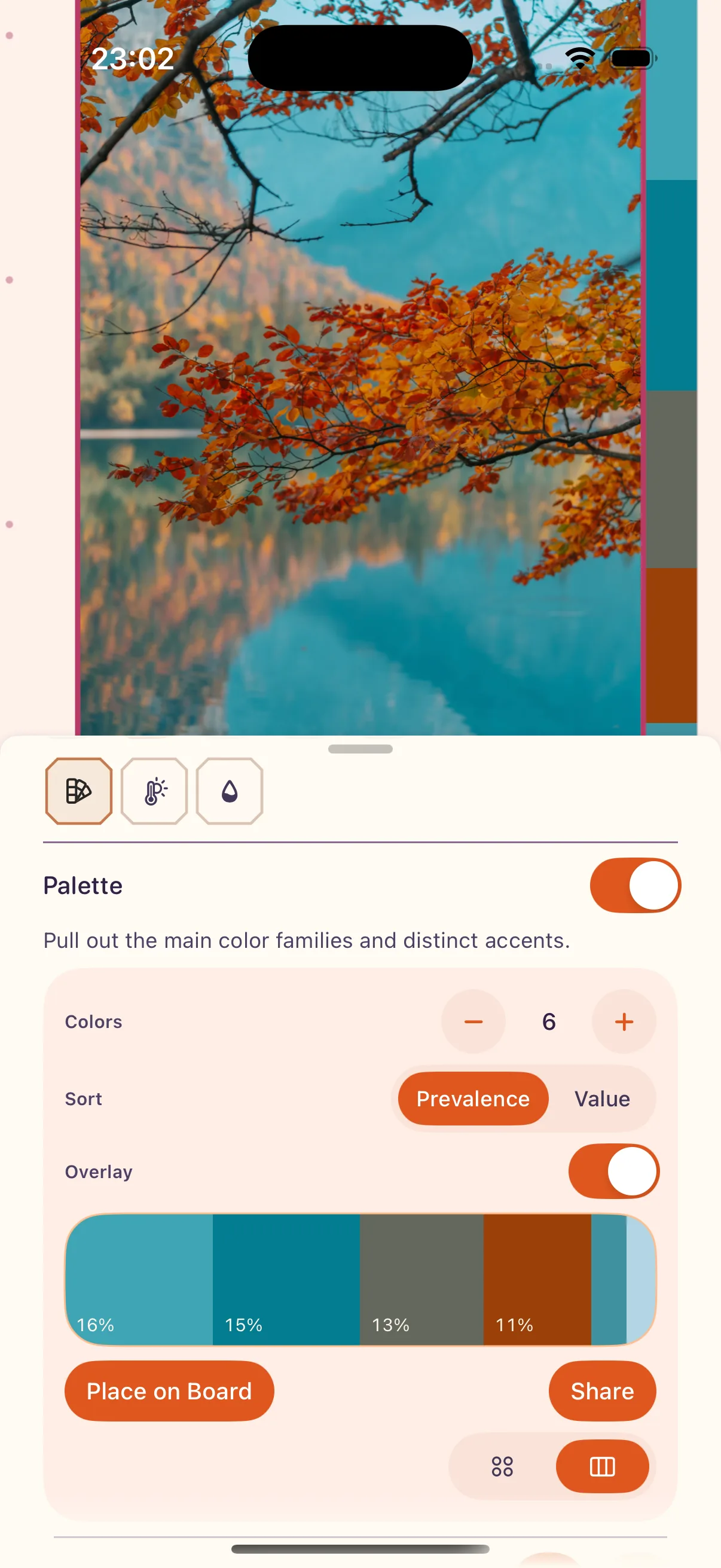ArtDeck on iPhone showing a selected image and the ToolBox Palette sheet with color controls.