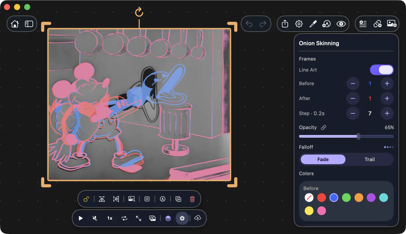 ArtDeck stepping through an animation reference with onion-skin overlays and frame controls.