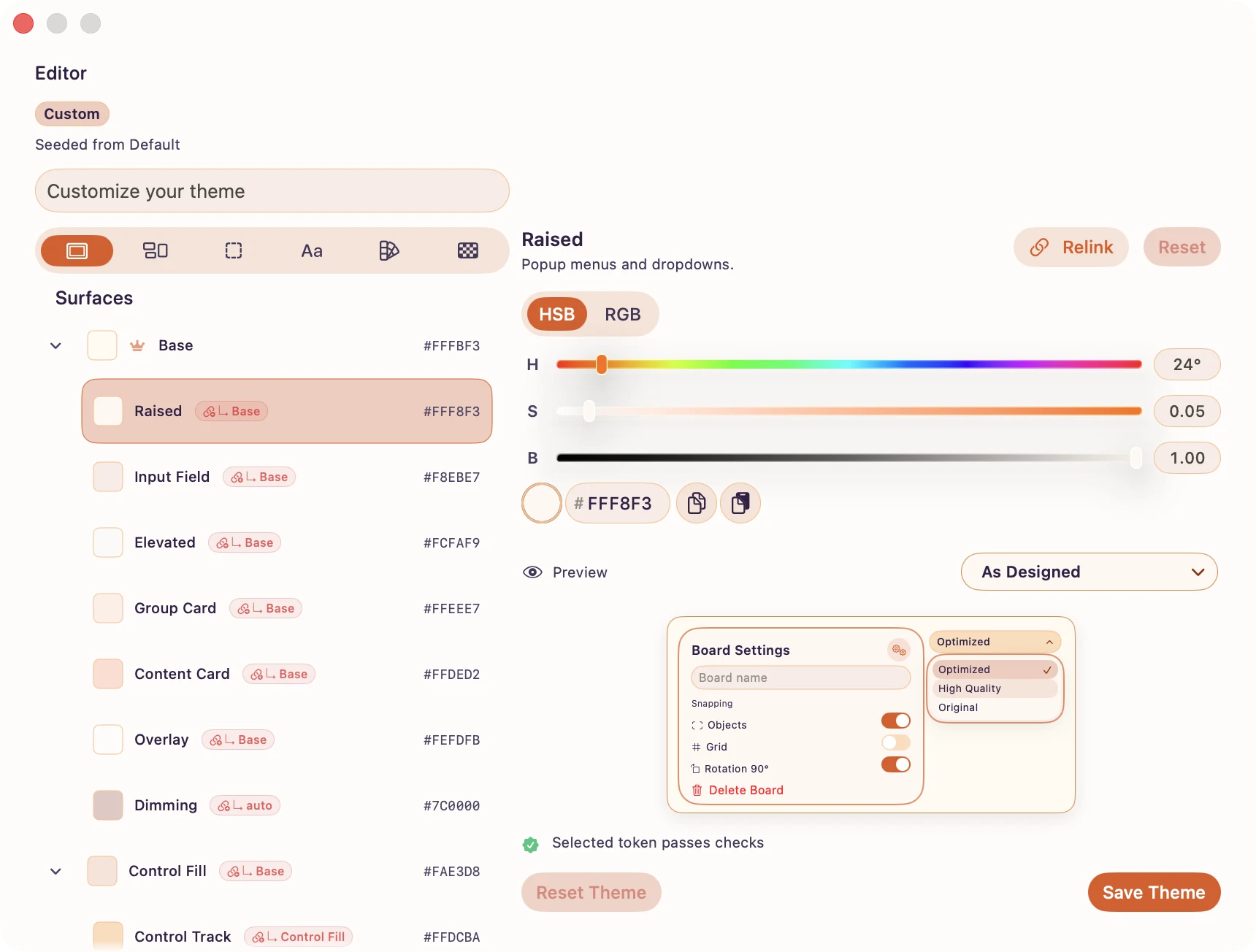 ArtDeck theme editor with palette controls, HSB sliders, token values, reset and save controls, and a live preview.