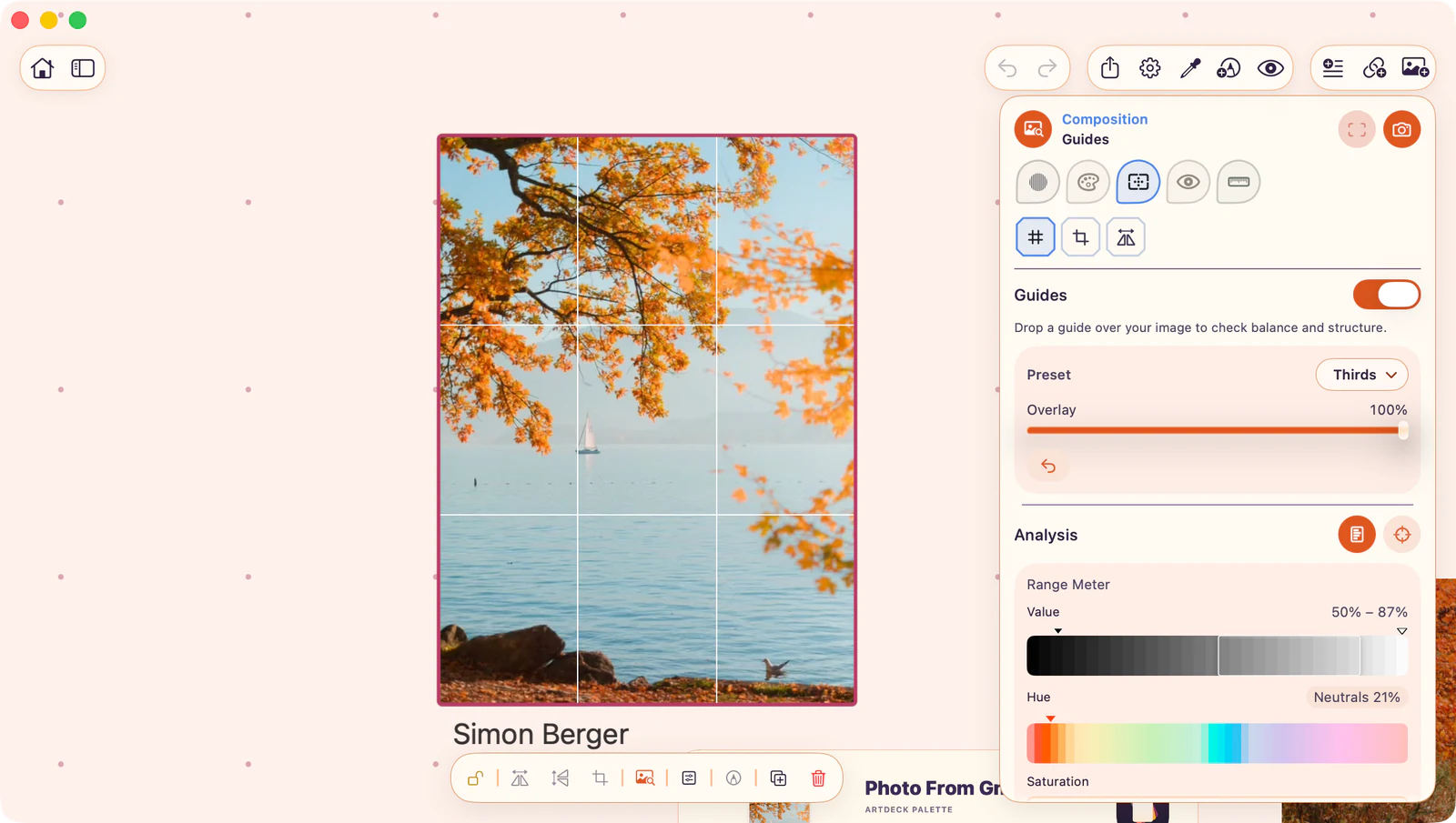 ArtDeck composition lens showing guide overlays on top of a saved image reference.